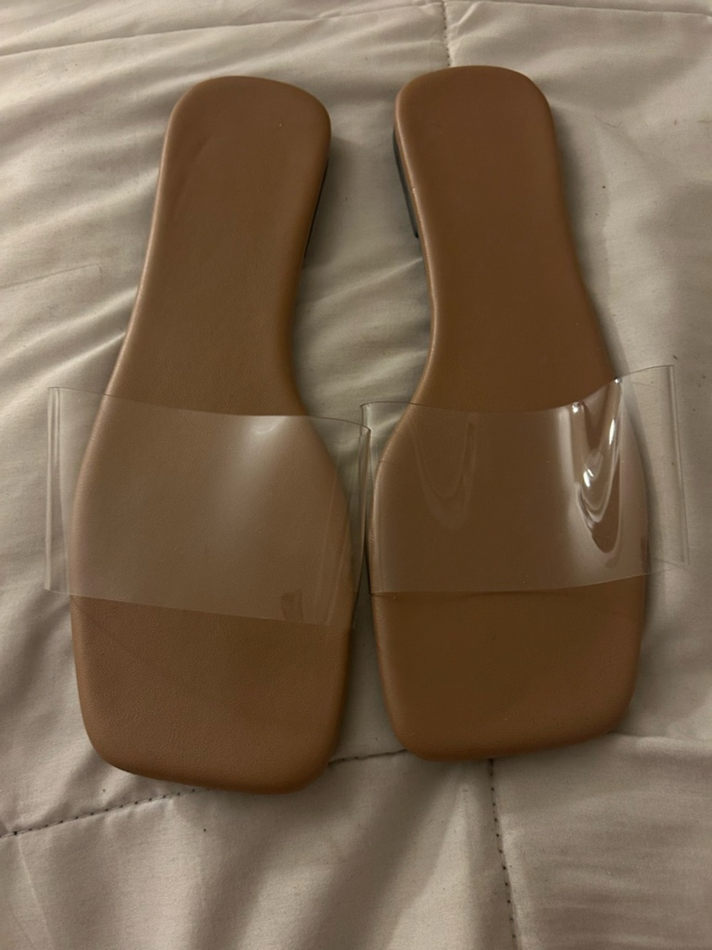 Clear Strap Tan Slide Sandals